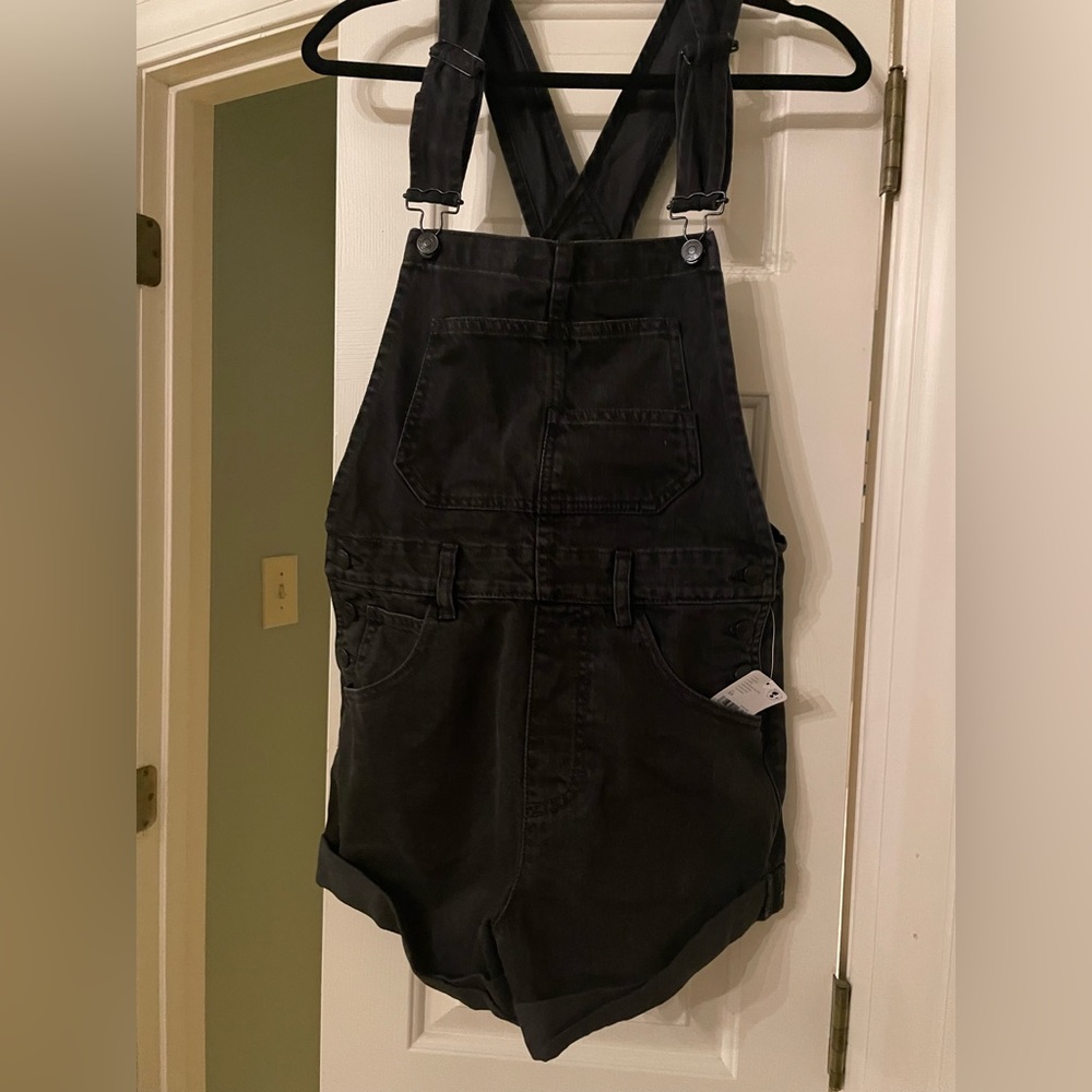 free people black denim short overalls